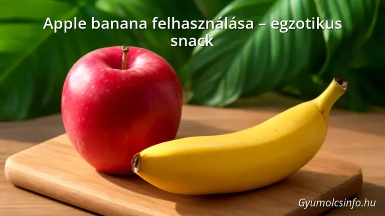 Fresh apple banana on wooden cutting board with tropical leaves