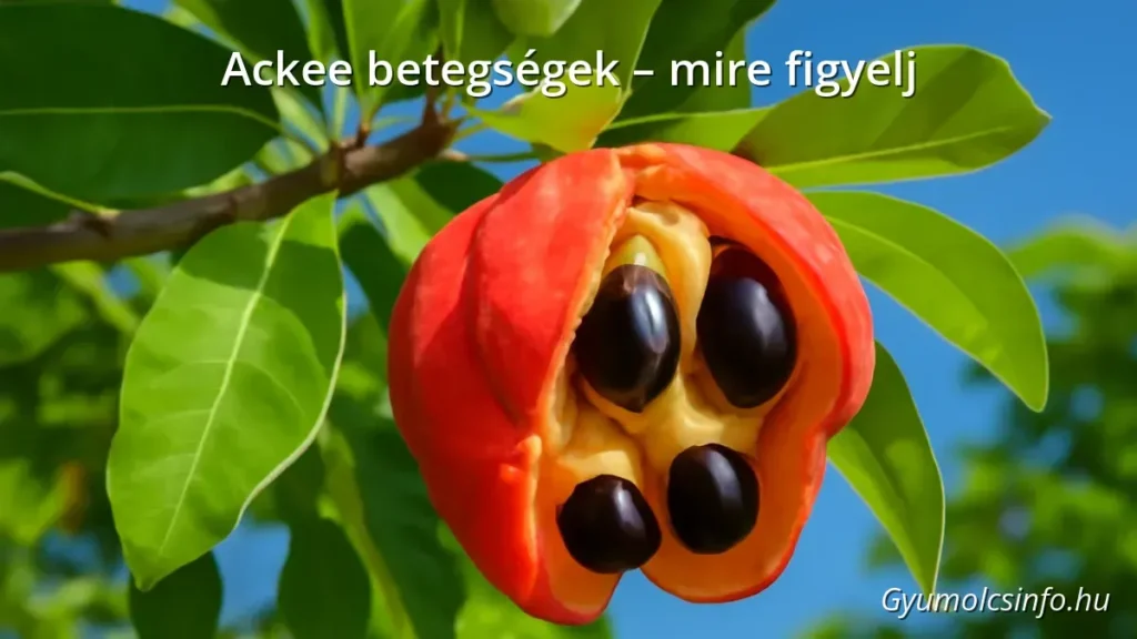 Ackee gyümölcs egészséges állapotban a fán zöld levelek között