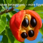 Ackee gyümölcs egészséges állapotban a fán zöld levelek között