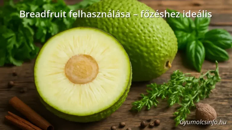 Szeletelt breadfruit egy faasztalon friss fűszerekkel körülvéve