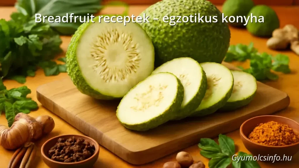 Szeletelt breadfruit egy vágódeszkán, egzotikus fűszerekkel körülvéve a konyhában