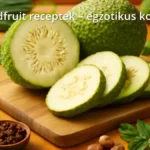 Szeletelt breadfruit egy vágódeszkán, egzotikus fűszerekkel körülvéve a konyhában